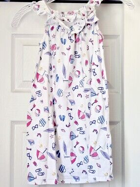Girls White Summer Dress with Pink & Blue Beach Print Size 5t